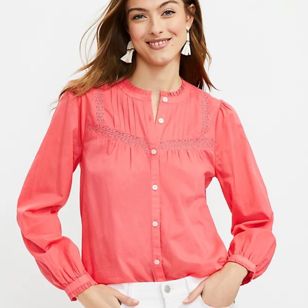 LOFT Embroidered Pleated Yoke Blouse Top, Size L